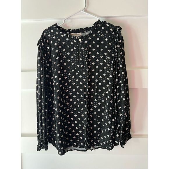 New Alexander Jordan ruffle neck black top with pattern and elastic banded sleev - Picture 1 of 7